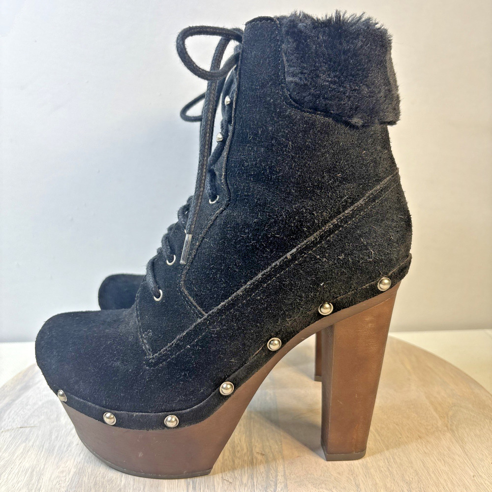 Jessica Simpson Alfie Boots Size 8 Black Suede Wood Platform Studded Faux Fur